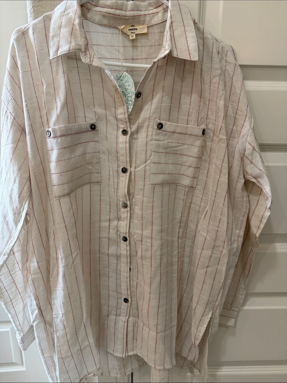 Entro Women’s Cream Button-Up Shirt with Red Stripe